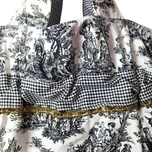 Handmade Black & White Toile & Houndstooth Tote Bag With Ruffled Detail & Gold T - Picture 7 of 15
